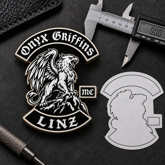 Onyx Griffins Linz custom-size enamel pin following the natural logo contour beside digital calipers.