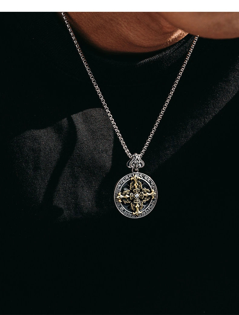 Rotating Mantra Vajra Sterling Silver Biker Pendant — lifestyle detail view 9