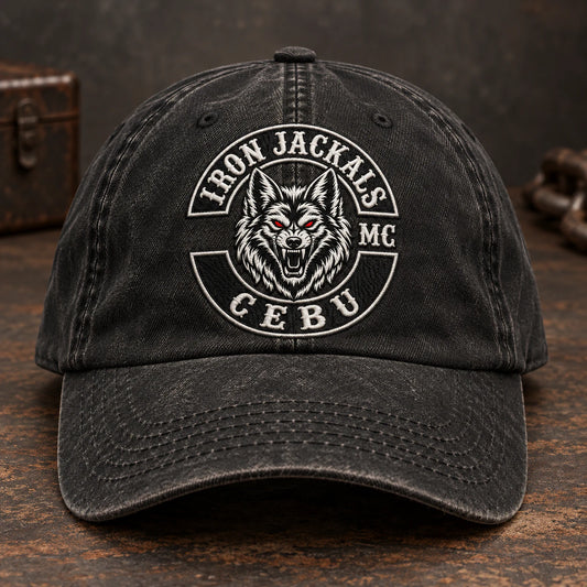 six panel crown motorcycle club vintage dad hat with an authorized club logo.
