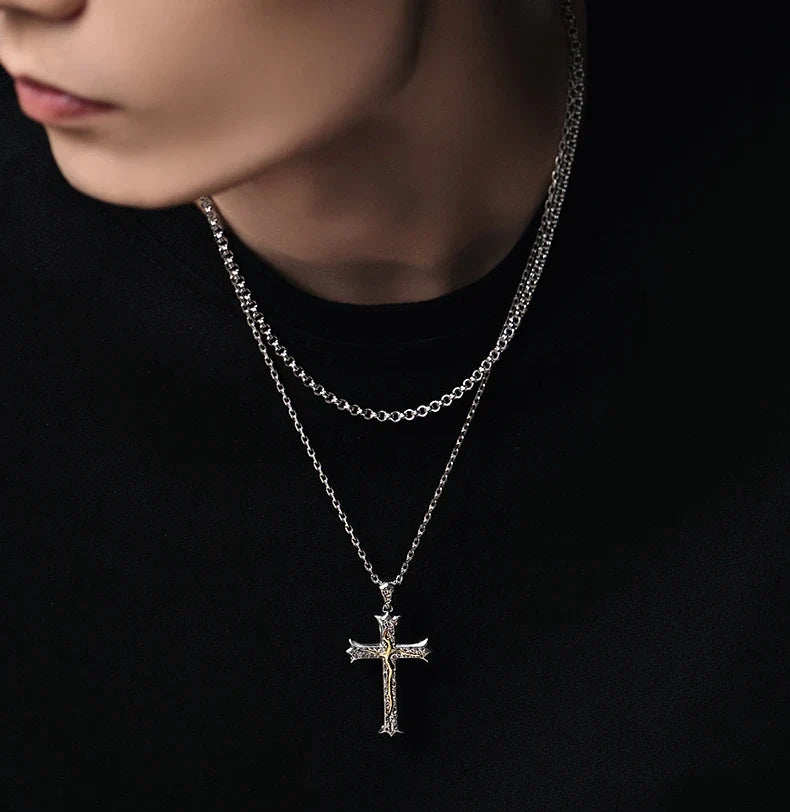 Tree of Life Cross Sterling Silver Biker Pendant — lifestyle detail view 9