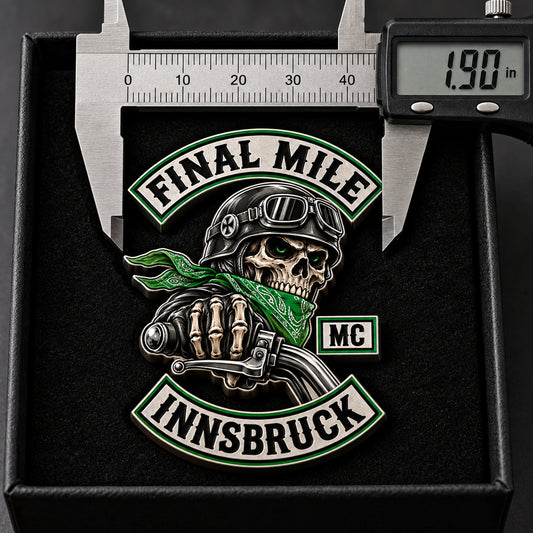 FINAL MILE collector pin measured at 1.90 inches with digital calipers in a presentation box.