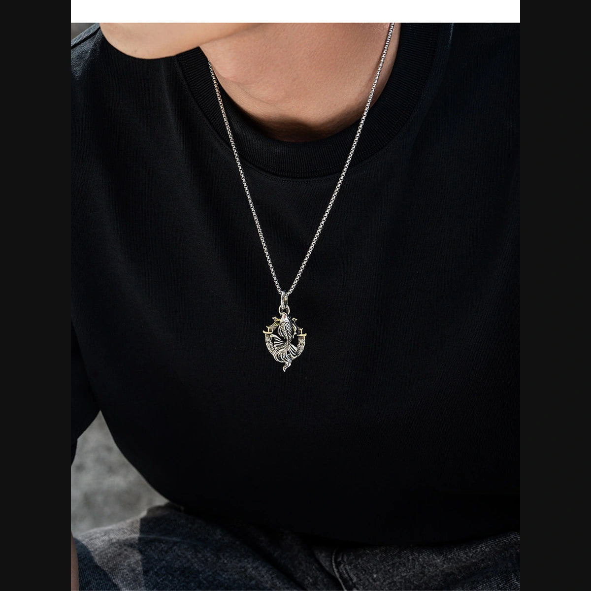 3D Koi Dragon Gate Sterling Silver Biker Pendant — seated on-body lifestyle view