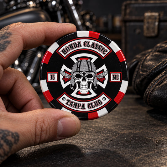 Solid ceramic motorcycle club poker chip with detailed full-surface artwork.