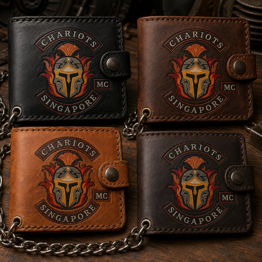 Custom-color leather motorcycle club wallets with an authorized logo displayed as chapter-approved color samples.