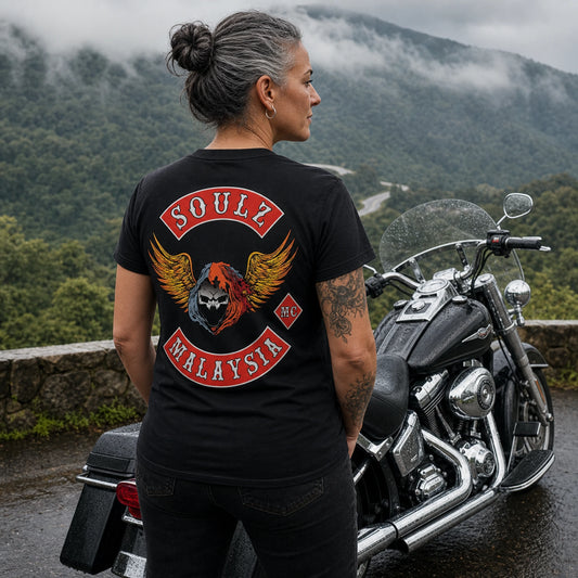 Rider wearing a Soulz MC Malaysia short-sleeve T-shirt with a large full-back club logo.