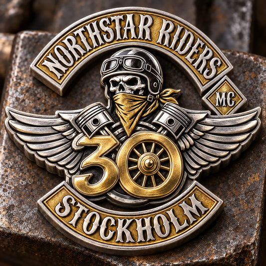 Custom the anniversary number is the dominant visual element. rendered as a logo-derived 925 sterling silver and 18k gold anniversary badge.