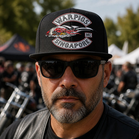 High-profile motorcycle club snapback showing a large authorized embroidered club logo.