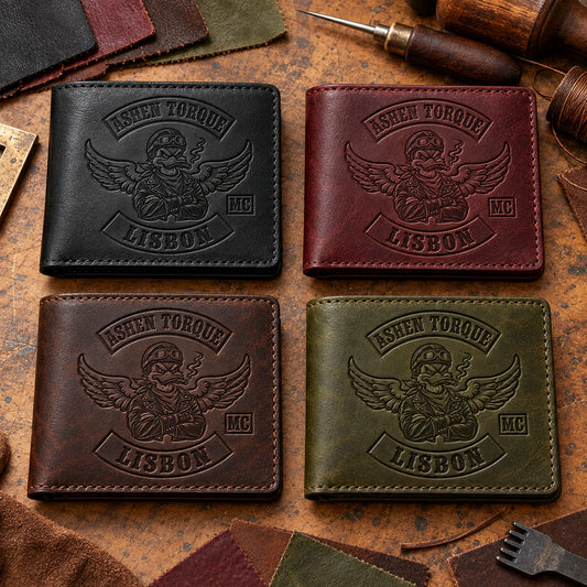 Four leather wallet colors with matching blind-debossed Ashen Torque Lisbon club artwork.