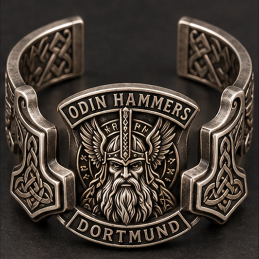 Odin Hammers Dortmund open metal cuff with integrated Odin and hammer elements
