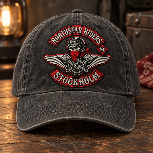 pre curved brim motorcycle club vintage dad hat with an authorized club logo.
