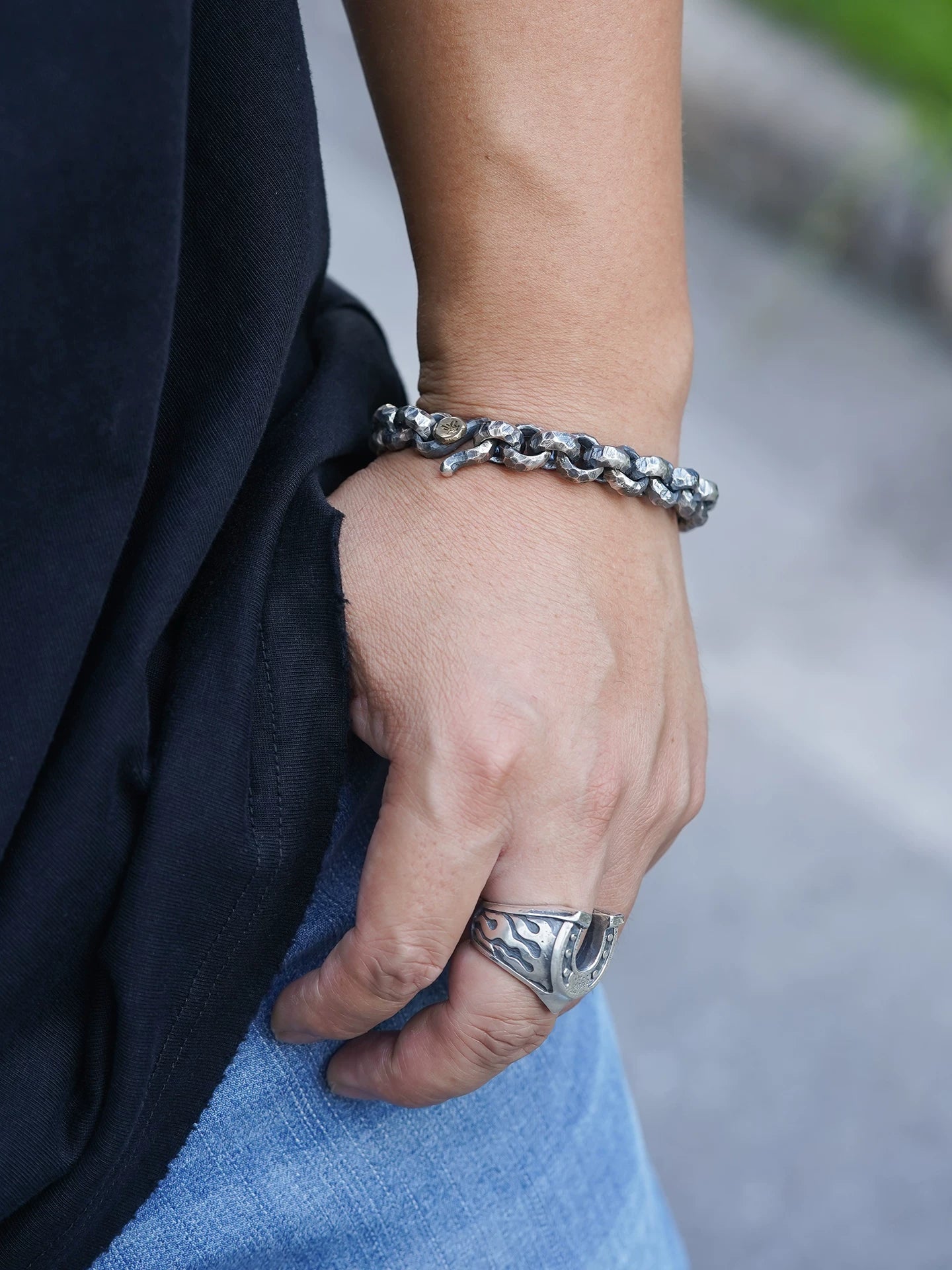 14mm Engraved Lucky Bead 925 Silver Biker Bracelet product view 5