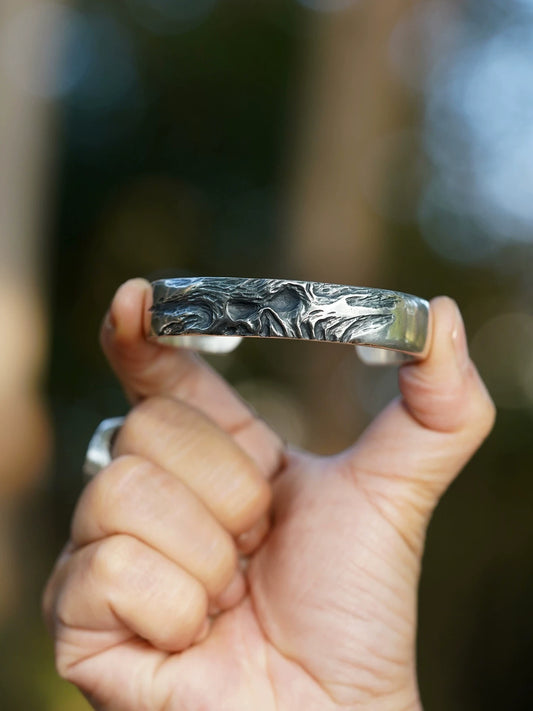 Dawn Skull Relief 925 Silver Biker Cuff Bracelet product view 1