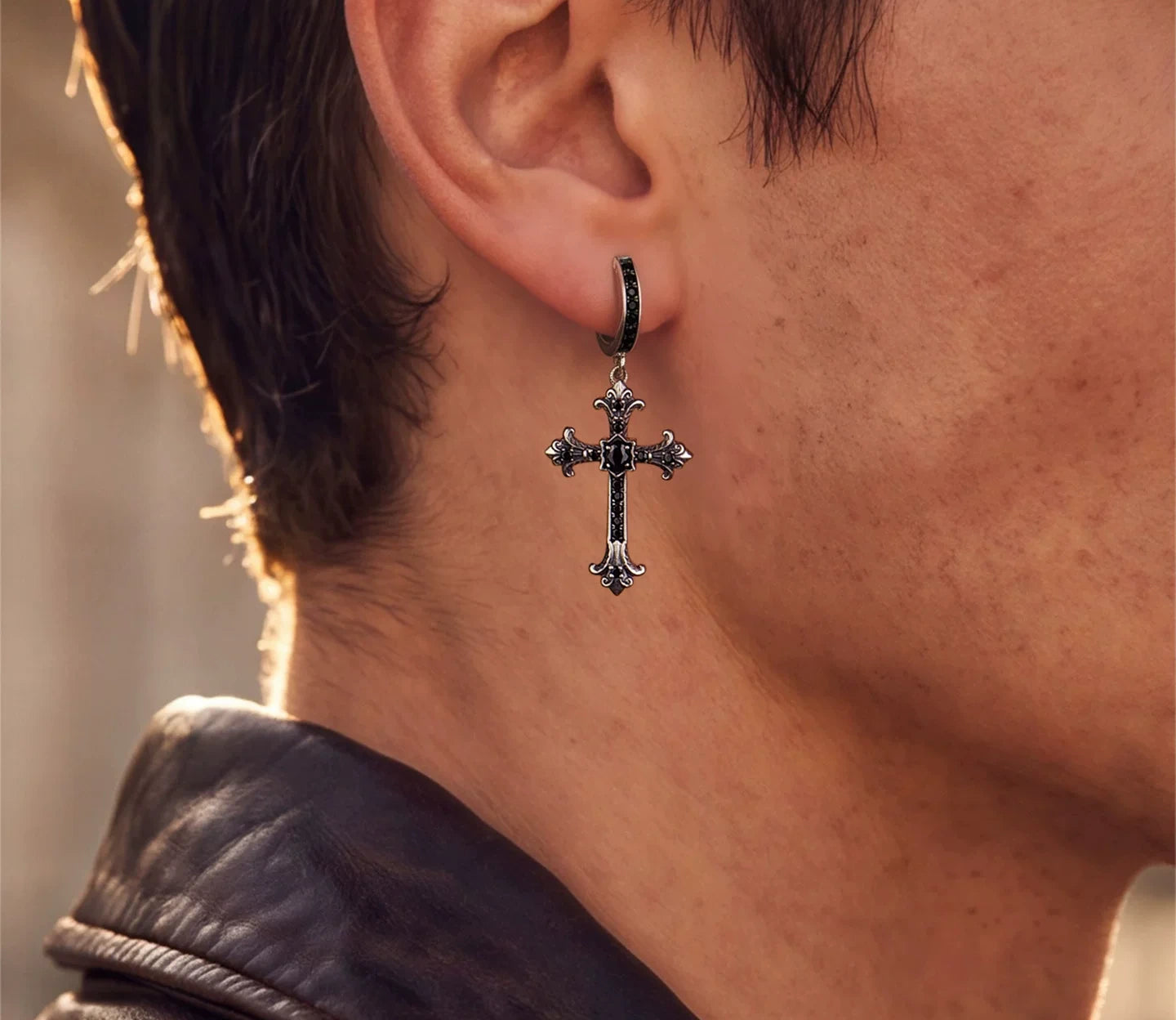Sterling Silver Black Crystal Cross Drop Earrings for Bikers - view 2