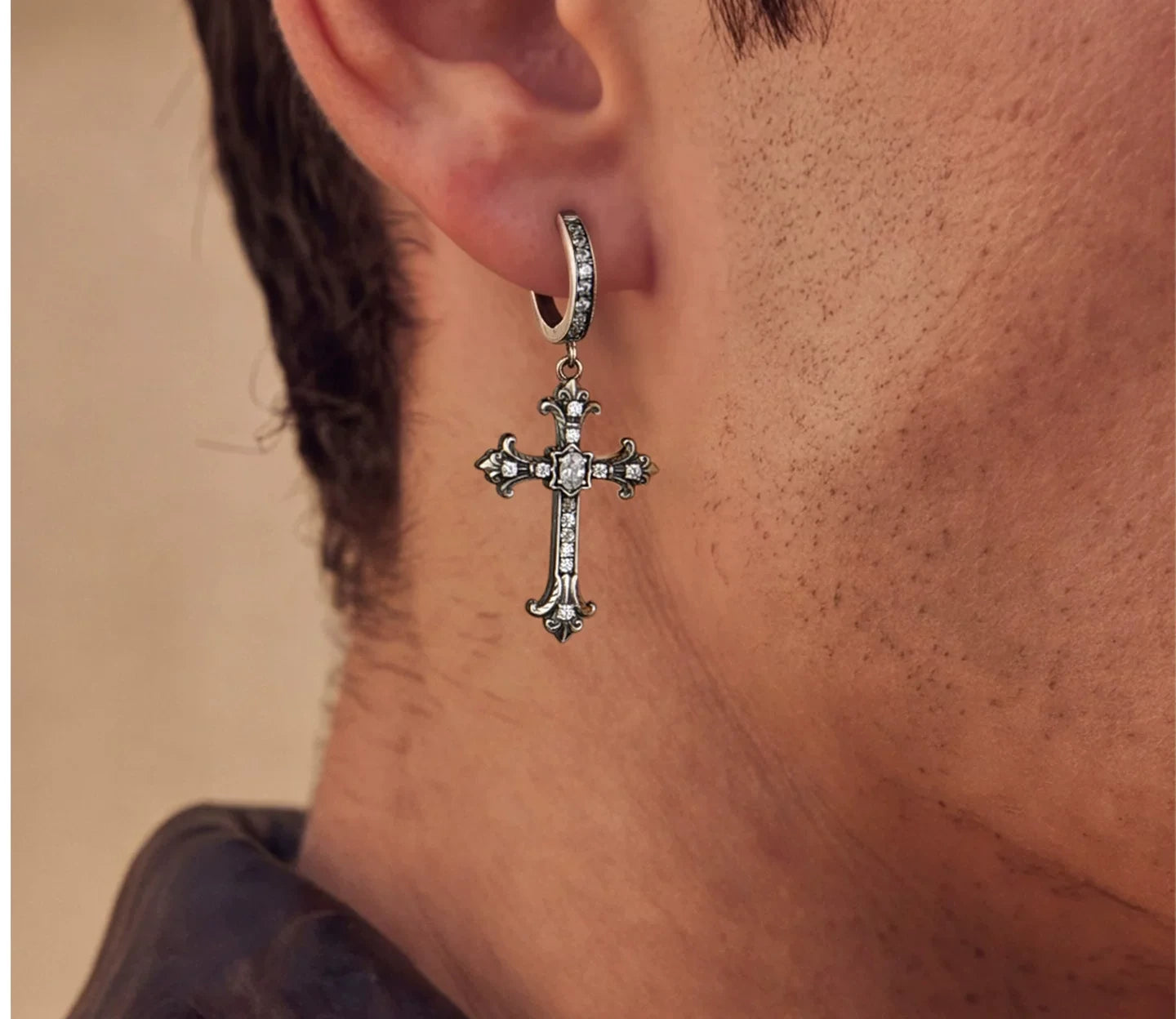 Sterling Silver White Crystal Cross Drop Earrings for Bikers - view 2