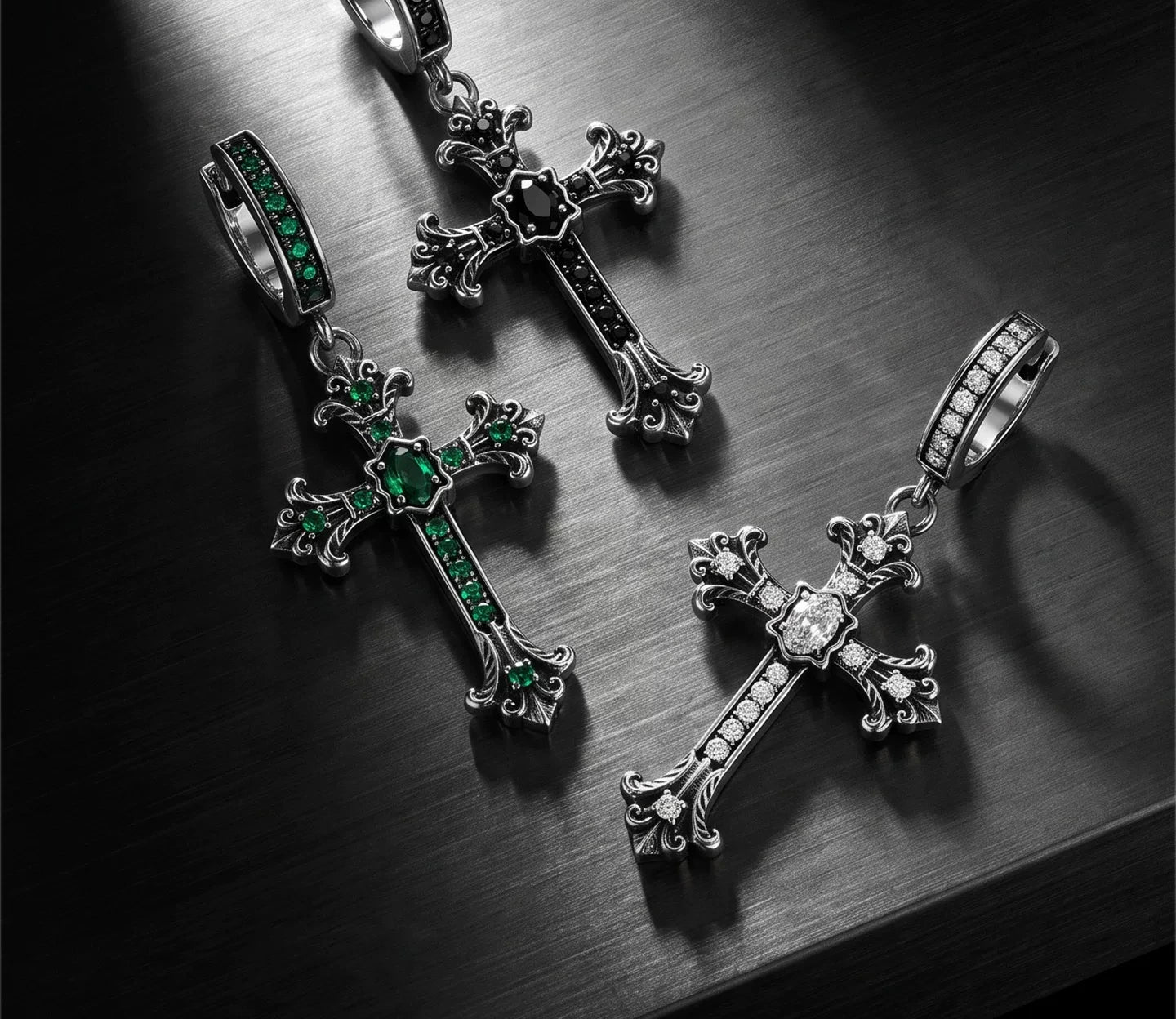 Sterling Silver White Crystal Cross Drop Earrings for Bikers - view 3