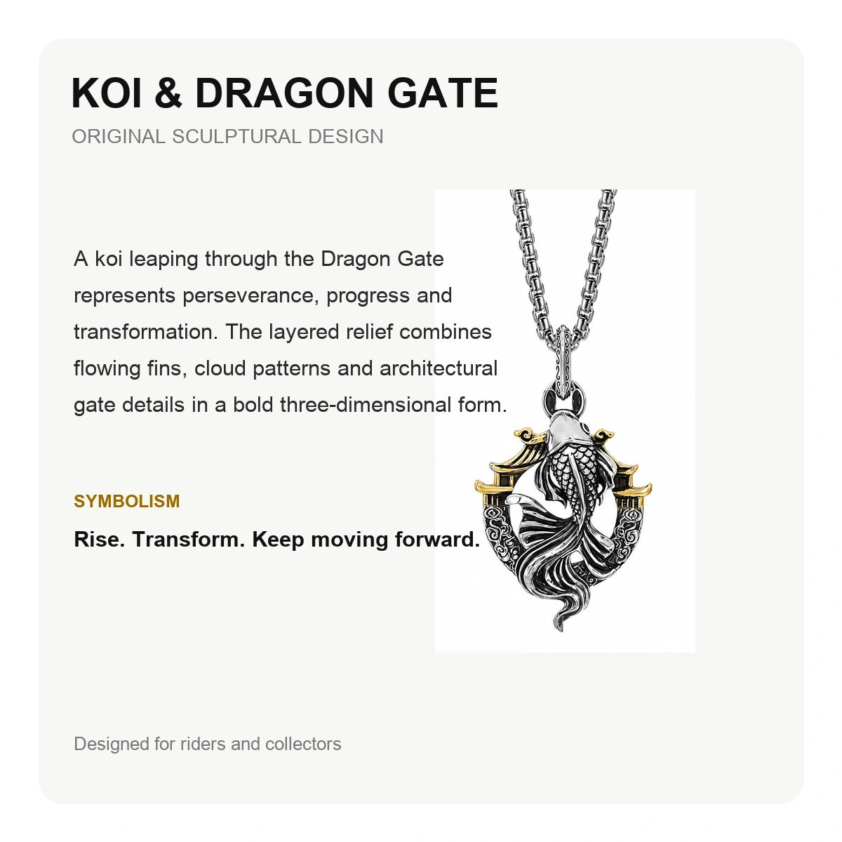 3D Koi Dragon Gate Sterling Silver Biker Pendant — English design story