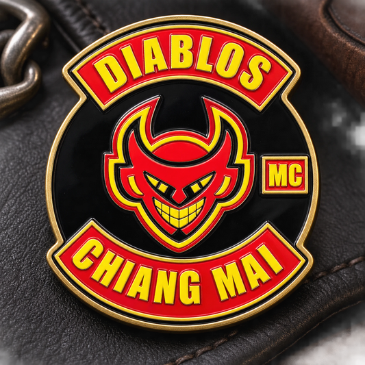 Antique silver motorcycle club enamel pin.