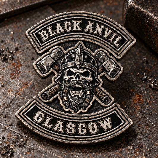 Black Anvil motorcycle club pin with a rugged dark antique-silver metal finish.