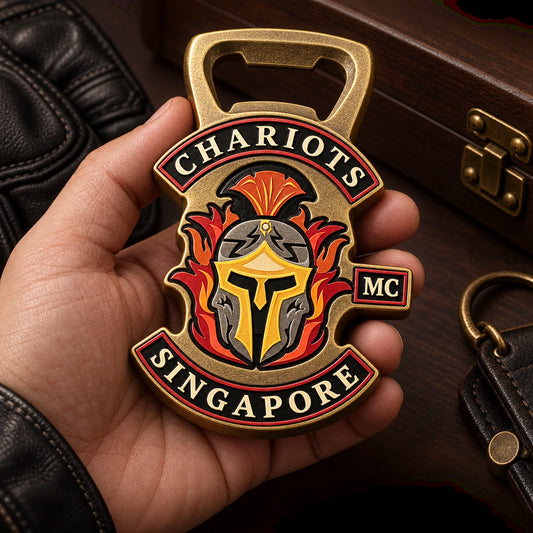 Solid brass-tone motorcycle club bottle opener created for an anniversary edition.