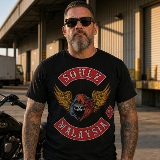 Soulz MC Malaysia emblem printed across the center front of a short-sleeve club T-shirt.