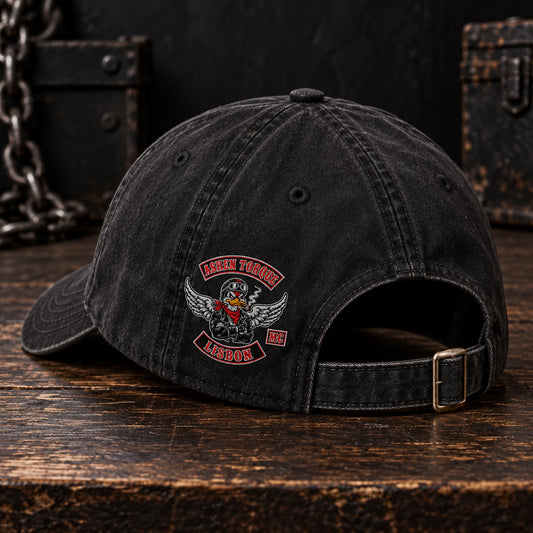 fabric strapback motorcycle club vintage dad hat with an authorized club logo.