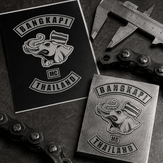 Authorized patch artwork prepared for a metal chain project featuring an authorized motorcycle club logo.