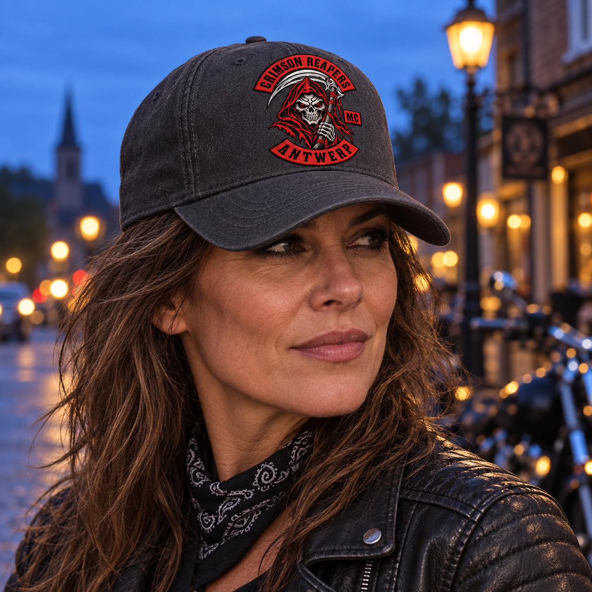 ライダーは、カーブしたつばに公認ロゴの付いた、バランスの取れたミッドプロファイルのモーターサイクルクラブキャップを着用しています。