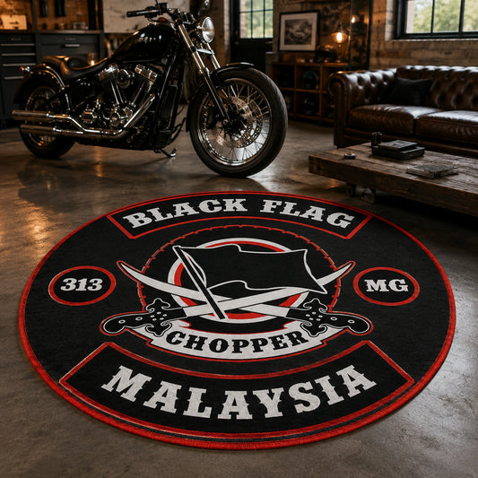 A round custom motorcycle club rug complements circular club badge artwork.
