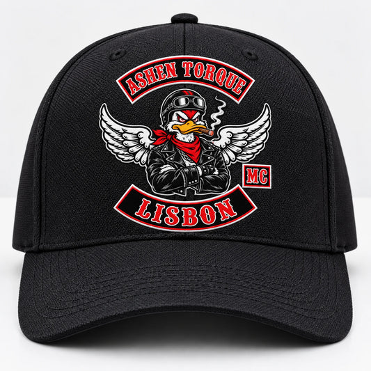 Structured motorcycle club cap holding its crown shape around an authorized embroidered club emblem.