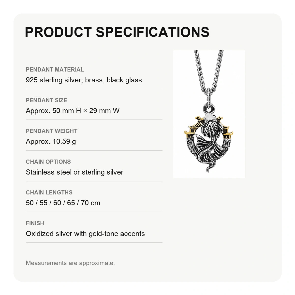 3D Koi Dragon Gate Sterling Silver Biker Pendant — English product specifications