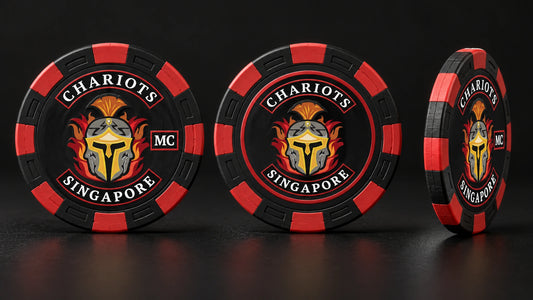 Front, back and edge views of one solid custom motorcycle club poker chip.