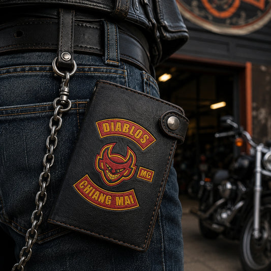 Motorcycle club long wallet with an authorized logo connected to a rider belt loop by a removable metal chain.