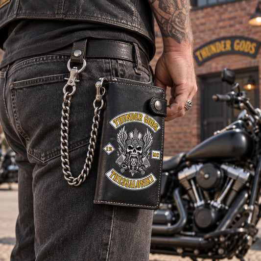 Removable Wallet Chain shown as custom motorcycle club leather wallet gear with an authorized club emblem.