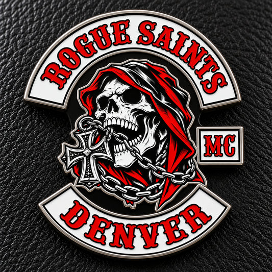 Rogue Saints motorcycle club enamel pin with bright silver-nickel borders and high-contrast colors.