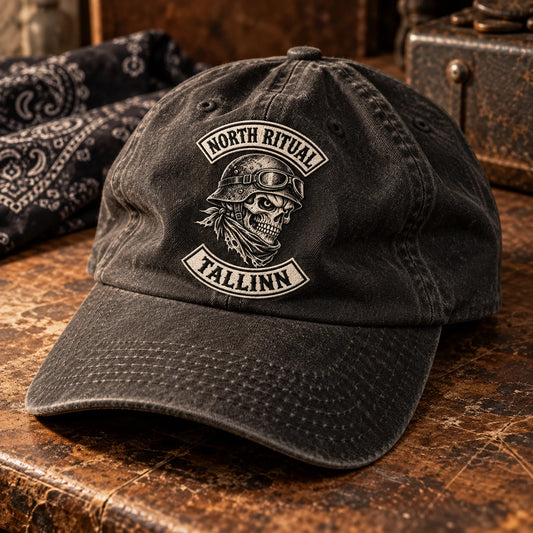 Soft washed-cotton motorcycle club cap with a naturally slouched unstructured crown.