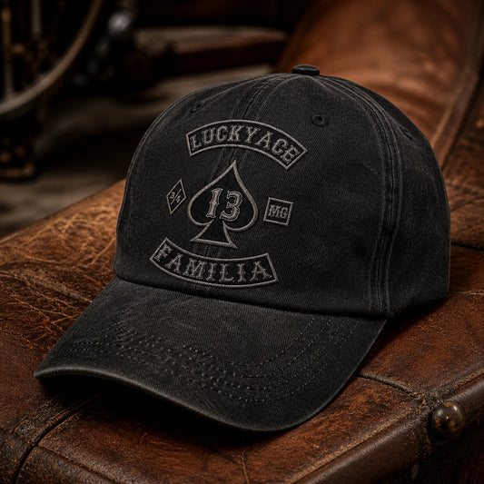 Soft unstructured motorcycle club cap with vintage wash and an authorized club logo.