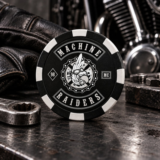 Solid black and white motorcycle club poker chip with high-contrast approved artwork.