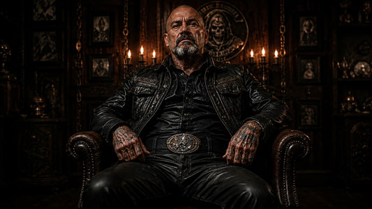 Motorcycle club president wearing a one-of-one Soul of Reapers sculpted mixed-metal belt buckle.