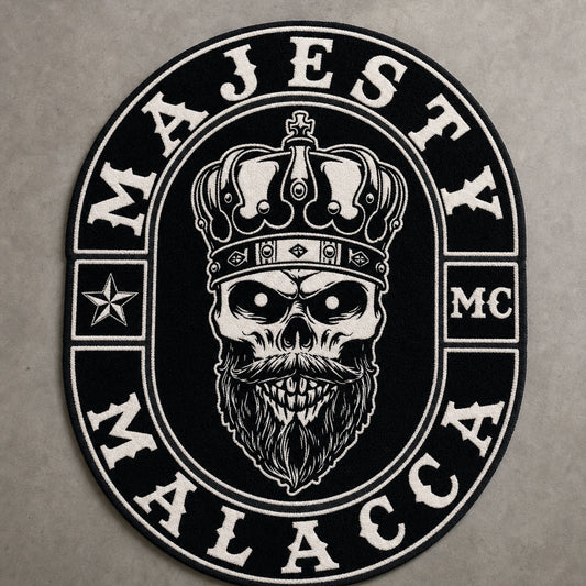 A custom-shaped motorcycle club rug follows the outline of approved club artwork.