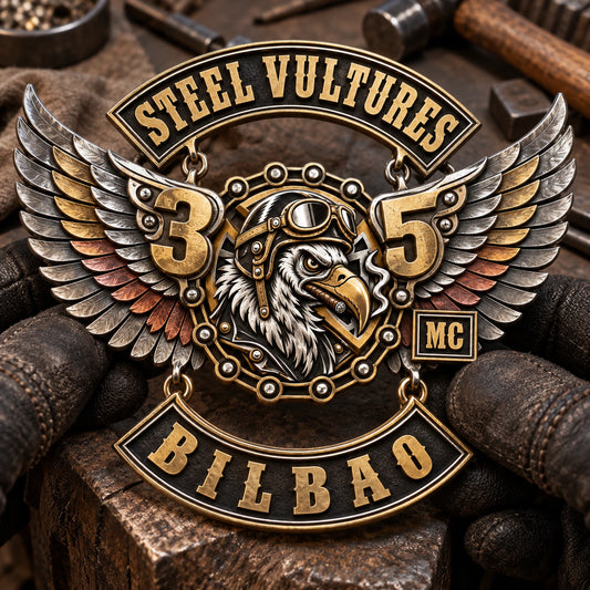 Custom sculpted relief for a premium heritage edition. rendered as a logo-derived 925 sterling silver and brass and red copper anniversary badge.
