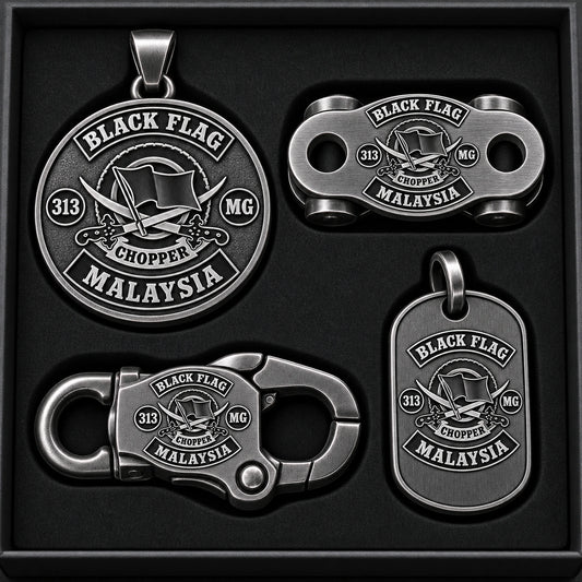 Individual custom logo medallion, link, clasp and tag components featuring an authorized motorcycle club logo.