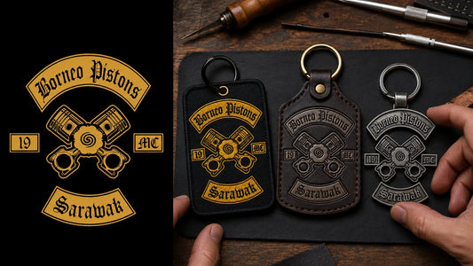 Authorized motorcycle club logo being translated into embroidered, leather and metal custom keychain samples.