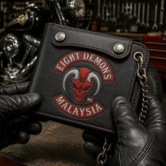 Gloved rider hands closing a custom leather club wallet with an authorized logo and traditional metal snaps.