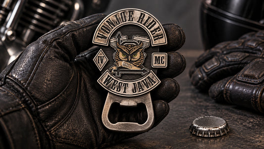 Solid antique-silver motorcycle club bottle opener with dark recessed details.