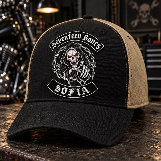 Custom black / khaki motorcycle club baseball cap with a distinct authorized embroidered club logo.