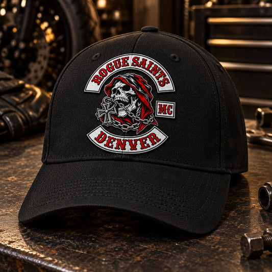 Custom black motorcycle club baseball cap with a distinct authorized embroidered club logo.