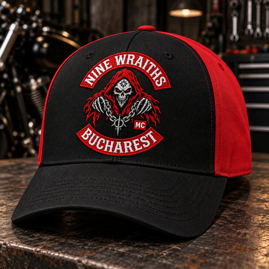 Custom black / red motorcycle club baseball cap with a distinct authorized embroidered club logo.