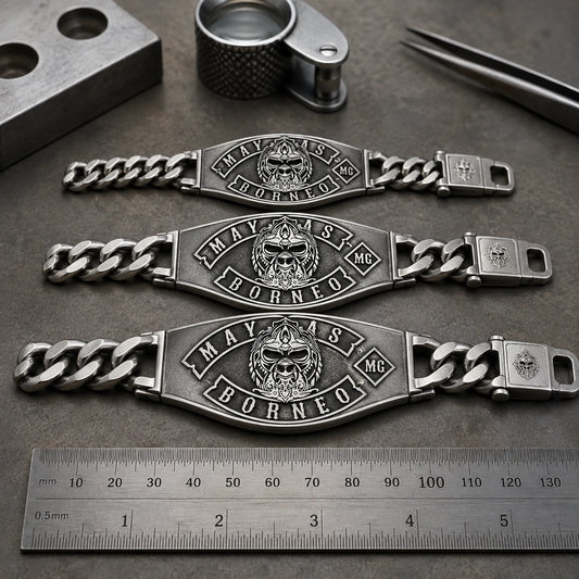 Mayas Borneo custom biker bracelet shown in three metal width options