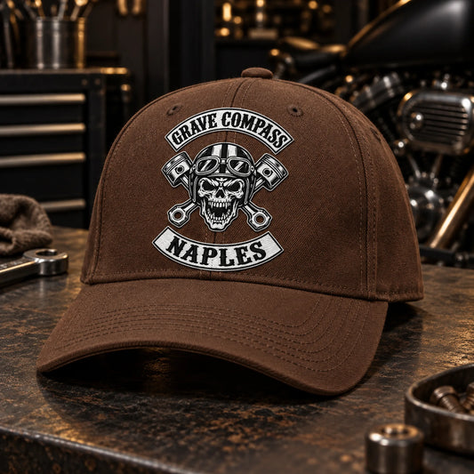 Custom brown motorcycle club baseball cap with a distinct authorized embroidered club logo.