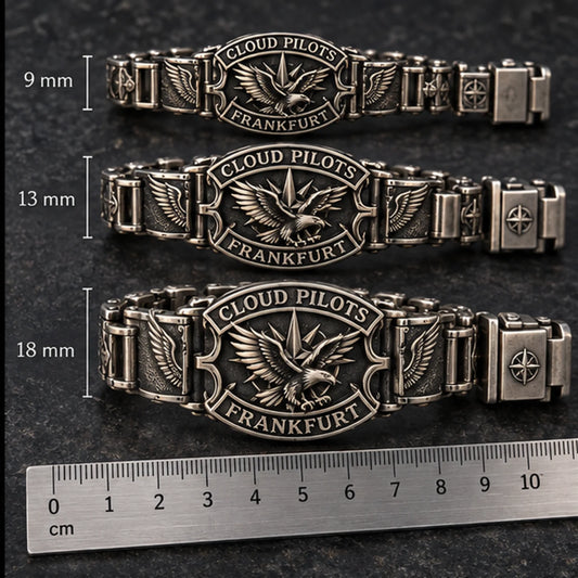 Cloud Pilots Frankfurt club bracelet shown in three practical width options